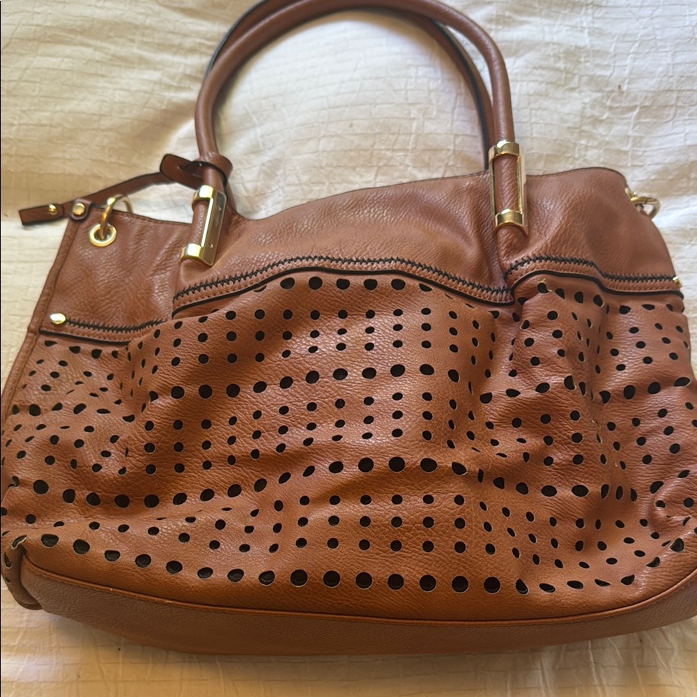 Brown and Gold Perforated Shoulder Bag
